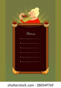 The menu for the cafe, with the woman-eating Cake. The frame with the image of croissants and coffee. Cartoon style.