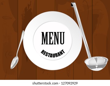 Menu cafe.Plate and spoon on a dark wooden texture background