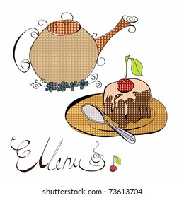 Menu with cake and teapot