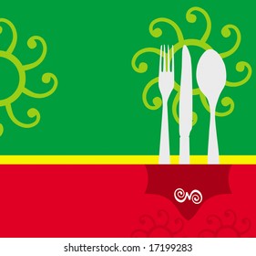 Menu card design with abstract sign and table ware
