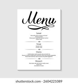 Menu card design. Minimalistic typography for cafe, bar, restaurant, etc. Vector template