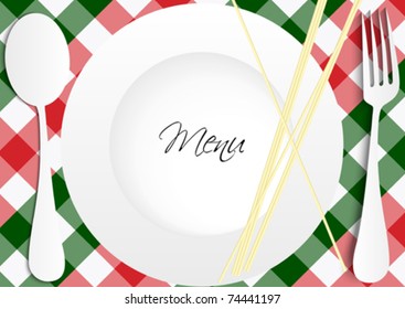 Menu Card Design - Red and Green Gingham Texture With Plate, Cutlery and Pasta