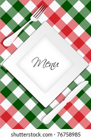 Menu Card Design - Red and Green Gingham Texture With Plate