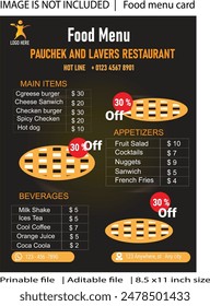 Menu card, food chart, restaurant food card, food banner menu card template, price information, and food information for the customers.