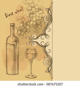 Menu card of grapes, bottle, wine glass with sketch style on old paper background for design