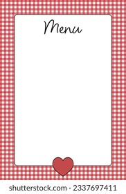 Menu card with a heart on a red and white checkered background. Free space for text.