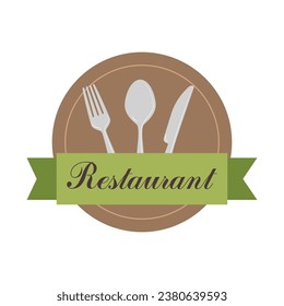Logo de la tarjeta de menú con cuchillo, tenedor, cuchara y plato para el restaurante. Ilustración del vector
