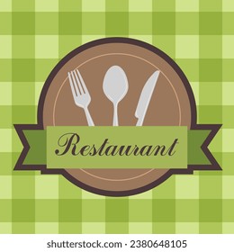 Menu card logo whith knife, fork, spoon and plate for restaurant on checkered tablecloth. Vector illustration