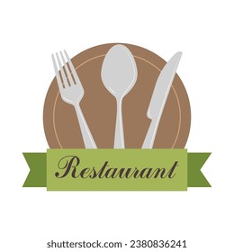 Logo de la tarjeta de menú con cuchillo, tenedor, cuchara y plato para el restaurante. Ilustración del vector