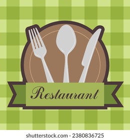 Kartenlogo mit Messer, Gabel, Löffel und Teller für Restaurant auf karierten Tischdecken. Vektorgrafik