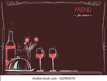 Menu card for lovers.Vector restaurant Love card of romantic dinner with text