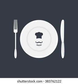Menu card. Plate, knife and fork. Dining etiquette. Foods Service icon. Simple flat vector illustration, EPS 10.