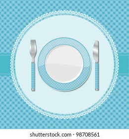 Menu card. Plate, knife, fork. Gingham pattern. Gingham menu. Vector illustration.