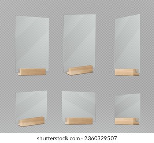 Menu and card stand mockup with wooden base and acrylic display. Rectangular transparent plexiglass table holder. Realistic vector illustration set of plastic desktop office talker template.