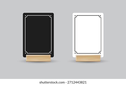 Menú Maqueta de soporte de mesa para tarjetero. Papel volante maqueta de Plantilla. Marco de madera de la promoción del acontecimiento. Etiqueta del restaurante. Ilustración vectorial