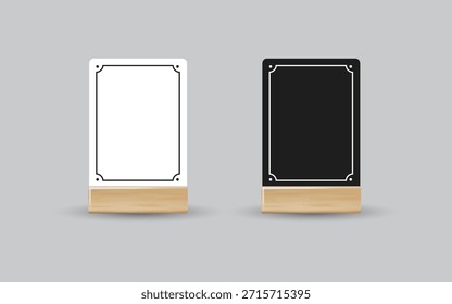 Menú Maqueta de soporte de mesa para tarjetero. Papel volante maqueta de Plantilla. Marco de madera de la promoción del acontecimiento. Etiqueta del restaurante. Vector