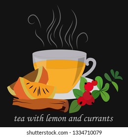 menu card, tea with lemon and berries, cinnamon