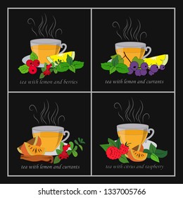 menu card, tea with lemon and berries, cinnamon