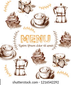 Menu card template drinks and cakes Vector. Fresh coffee, cupcakes, design line arts
