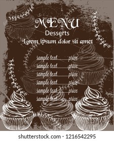 Menu card template drinks and cakes Vector. Fresh coffee, cupcakes, design line arts