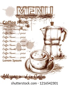 Menu card template fresh coffee drink Vector. Coffee cup and kettle design