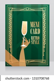Menu card template with glass of champagne and retro style frame, golden and emerald colors, vector illustration