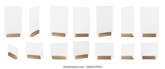 Menu card wood stand 3d vector blank mockup. Paper flyer with wooden frame isolated on white background. Photo display for desk base illustration set. Restaurant a5 sheet label for event promotion