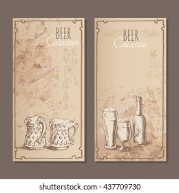 Menu cards for beer with hand drawn sketches of bottles and beer glasses. Vector illustration.