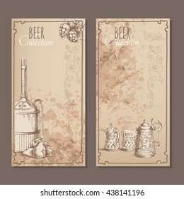 Menu cards for beer with hand drawn sketches of  beer pints, bags with malt and beer tank. Vector illustration.