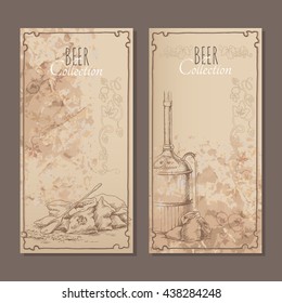 Menu cards for beer with hand drawn sketches of  bags with malt and beer tank. Vector illustration.
