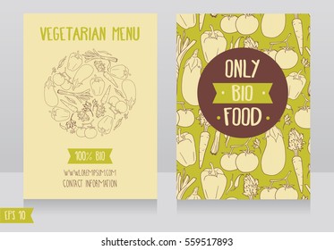 Menu cards template for vegan cafe, can be used as flyer for  animal protection organization or as promo cards for organic foods shop, vector illustration