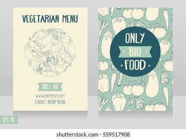 Menu cards template for vegan cafe, can be used as flyer for  animal protection organization or as promo cards for organic foods shop, vector illustration