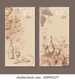 Menu cards for wine collections with hand drawn sketches.  Bottles, glass of wine and a corkscrew. Vector illustration.