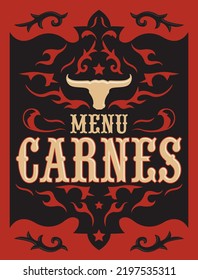 Menu Carnes, Meat Menu spanish text cover design, Barbecue restaurant.