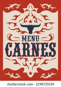 Menu Carnes, Meat Menu spanish text cover design, Barbecue restaurant.