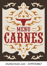 Menu Carnes, Meat Menu spanish text cover design, Barbecue restaurant.