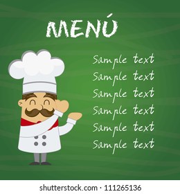 menu with cartoon chef over chalkboard. vector illustration