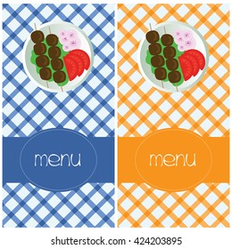 Menu catalogs for restaurant. Plaid pattern brochures. Dish with greek souvlaki, tomato and onion vector.