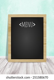 Menu chalkboard in the empty room template with white wooden flooring and blue wall