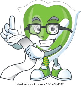 With menu checkmark shield with cartoon character shape.