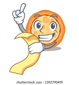 With menu cheese pizza in the cartoon shape