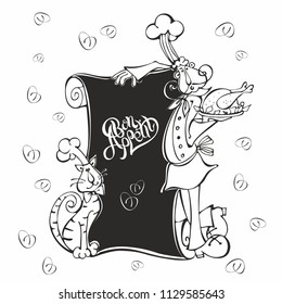 Menu. Chef and cat cook in cartoon style. Chalk on the menu Board. Bon appetit. Lettering. For children.  Vector illustration