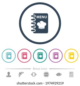 Menu with chef hat flat color icons in round outlines. 6 bonus icons included.