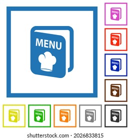 Menu with chef hat flat color icons in square frames on white background
