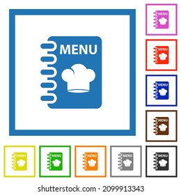 Menu with chef hat flat color icons in square frames on white background