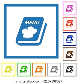 Menu with chef hat flat color icons in square frames on white background