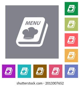 Menu with chef hat flat icons on simple color square backgrounds