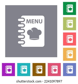 Menu with chef hat flat icons on simple color square backgrounds