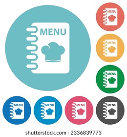 Menu with chef hat flat white icons on round color backgrounds