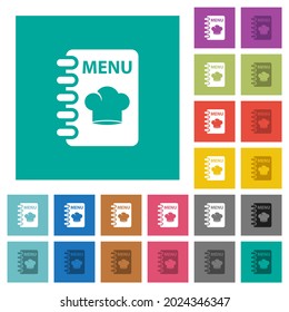 Menu with chef hat multi colored flat icons on plain square backgrounds. Included white and darker icon variations for hover or active effects.